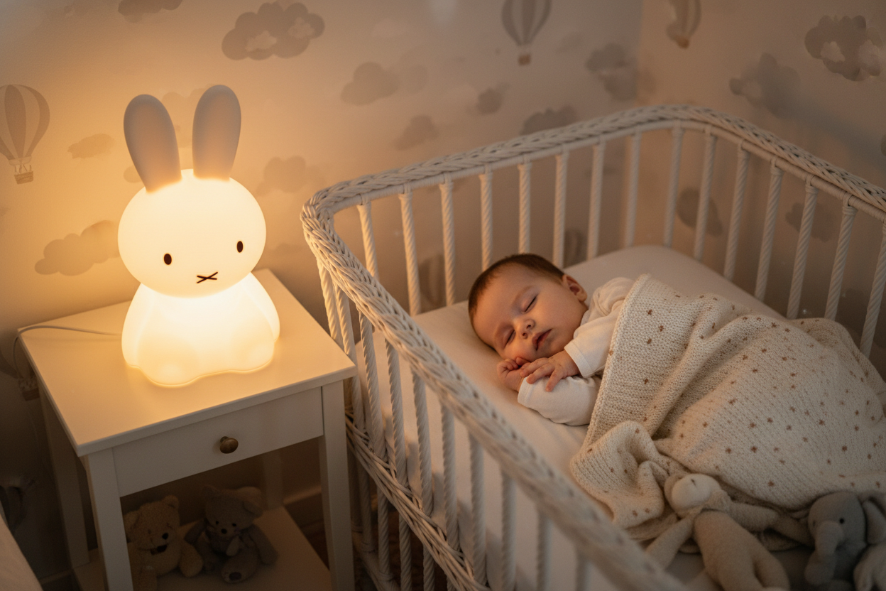 baby sleeps with a bunny light with healthy light