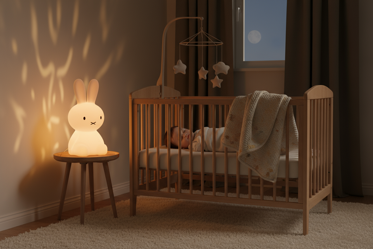 sleeping baby at night with a bunny lamp